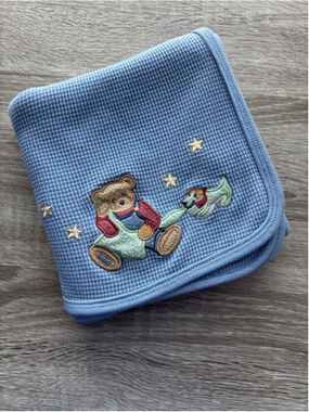Vintage Blue Jean Teddy Bear Waffle Knit Baby Blanket 26x26